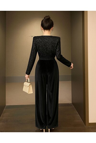 stylingpark Üstü Payet Altı Kadife Uzun Kollu Kuşaklı Abiye Tulum