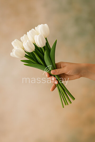 Massaltay Buchet de lalele albe 7 bucăți – Aranjament de flori artificiale decorative realiste, ornament pentru masă și casă