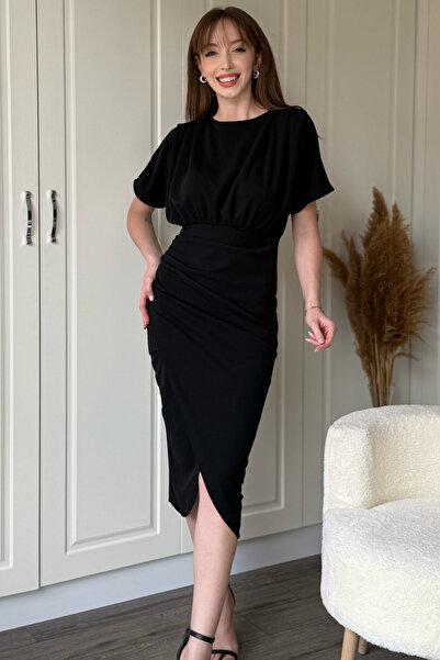 Dilay Gökoğlu Butik Short Sleeve Stylish Front Slit Black Midi Dress