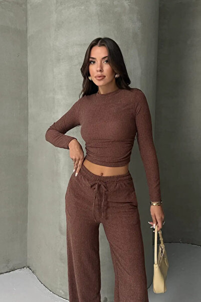 Siner Fashion Women's Drawstring Detailed Blouse Wide Leg Pants Top and Bottom Set