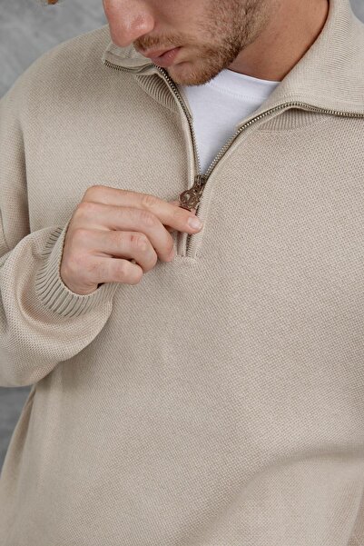 NOMARC Men's Cream Gst Half Zipper Oversize Knitwear