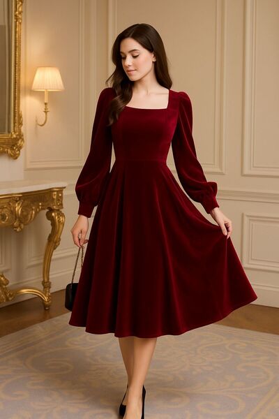 stylingpark Kare Yaka Uzun Kollu Midi Boy Elbise