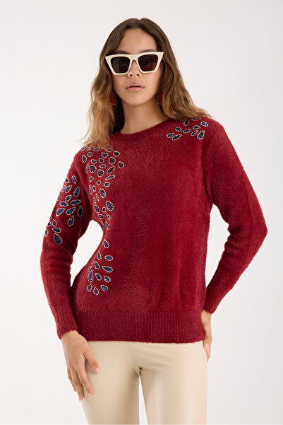 Clothes Fast Women's Burgundy Beard Yarn Beaded Embroidered Crew Neck Knitwear Blouse