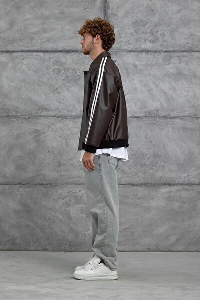 NOMARC Brown Nmrc Oversized Leather Jacket with Stripe Detail