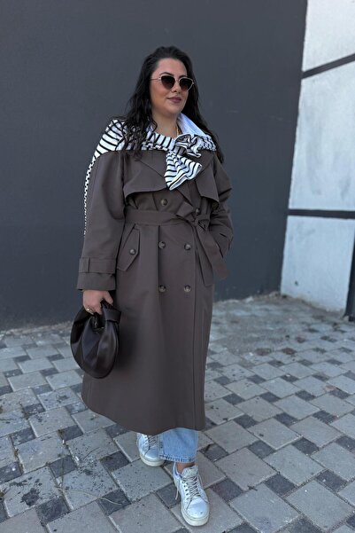 CHUL Büyük Beden Canvas Apolet Detaylı Astarlı Kemerli Uzun Trençkot - SOĞUK KAHVE