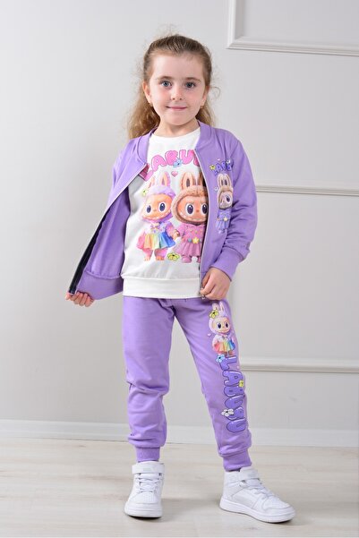 LİLLYPİCCA Girl's Character Patterned Two-Thread Ribbed Cardigan - Long Sleeve Badi - Leggings 3-Piece Set