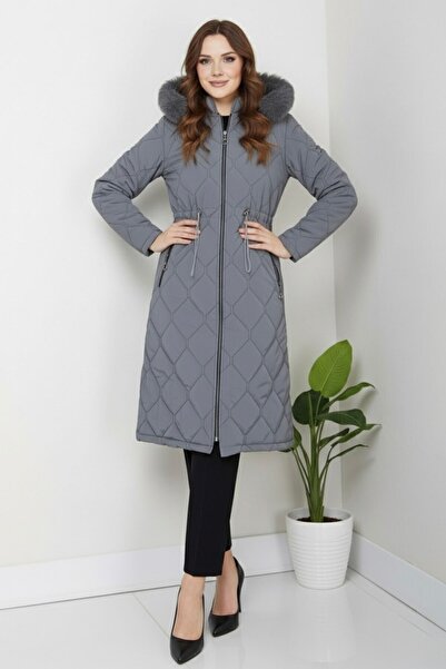 hiramir Kadın Yeni Sezon Fermuarlı Belden Bağcıklı Novam Kumaş Mont Gri KS2551