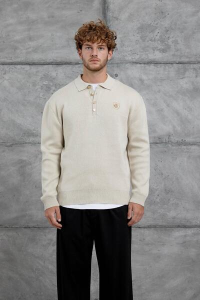 NOMARC Men's Ecru White Gst Arma Detailed Polo Neck Knitwear