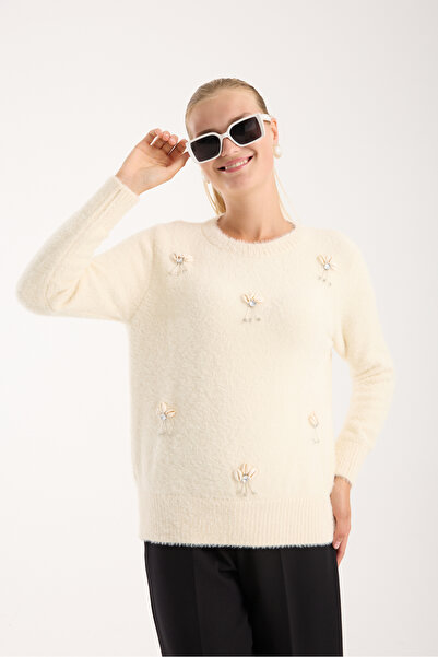 Moda Days سترة تريكو نسائية بياقة دائرية من خيوط إكرو مع إكسسوارات أمامية