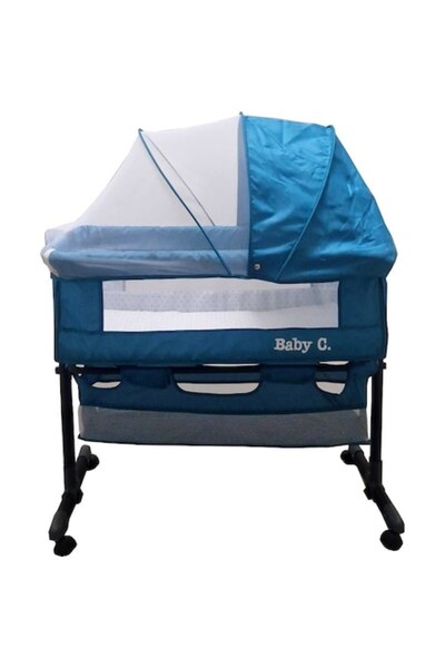 Baby Care Co-Sleeper Crib with Rocker, Insect Net and Storage Basket, Modern Design, 4 Wheels with B