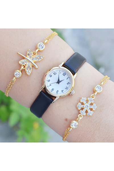 goldpawer Siyah Deri Kordon Kadın Saat Kombini 3650