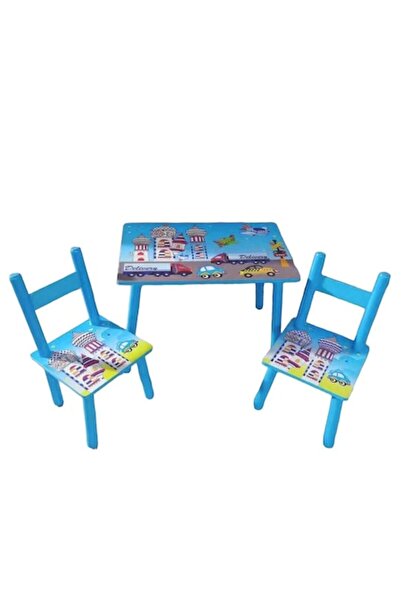 NOVOKIDS Drawing table for children, 2 chairs, wooden, glossy surface, 59x39x40 cm, Blue