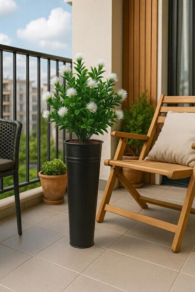 Feronyahome & Garden Aranjament decorativ de flori artificiale – ghiveci lung din metal cu flori albe (pentru sufragerie și birou) NEGRU
