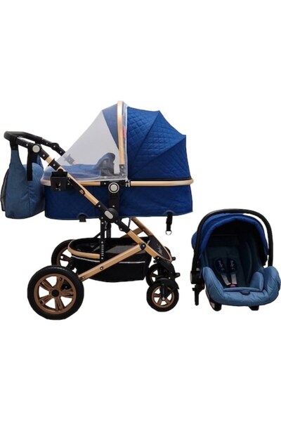 Baby Care PRO 530, cărucior 3 în 1 cu accesorii, cadru din aluminiu, spătar reglabil, carouri albastre