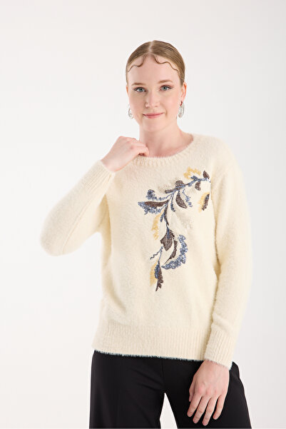 Moda Days Women's Ecru Beard Yarn Leaf Patterned Bead Embroidered Crew Neck Knitwear Sweater