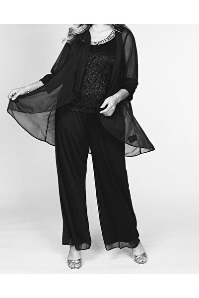 By Hande Alkan Γυναικείο σετ με μαύρο σιφόν φαρδύ παντελόνι και μπλούζα με δαντέλα