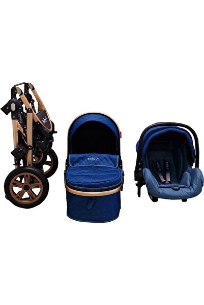 Baby Care PRO 530, cărucior 3 în 1 cu accesorii, cadru din aluminiu, spătar reglabil, carouri albastre