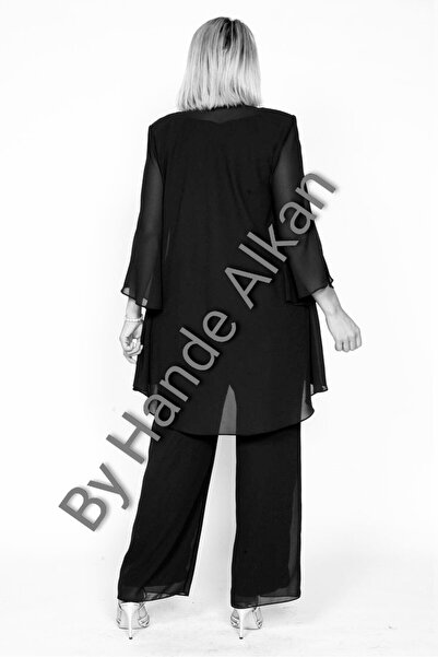 By Hande Alkan Γυναικείο σετ με μαύρο σιφόν φαρδύ παντελόνι και μπλούζα με δαντέλα