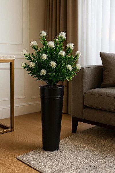 Feronyahome & Garden Aranjament decorativ de flori artificiale – ghiveci lung din metal cu flori albe (pentru sufragerie și birou) NEGRU
