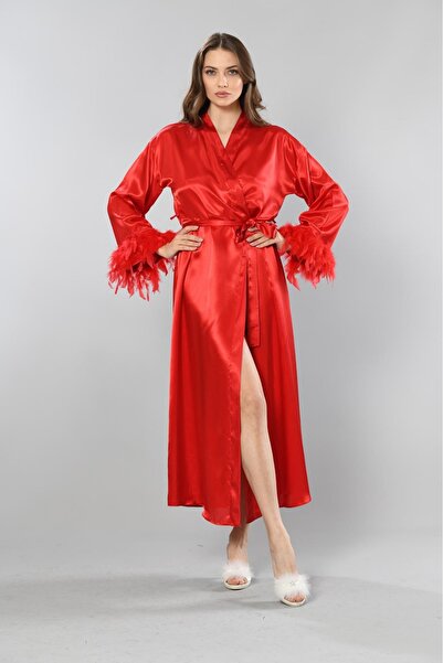 Viselya Kol Uçları Tüylü Saten Kırmızı Uzun Sabahlık