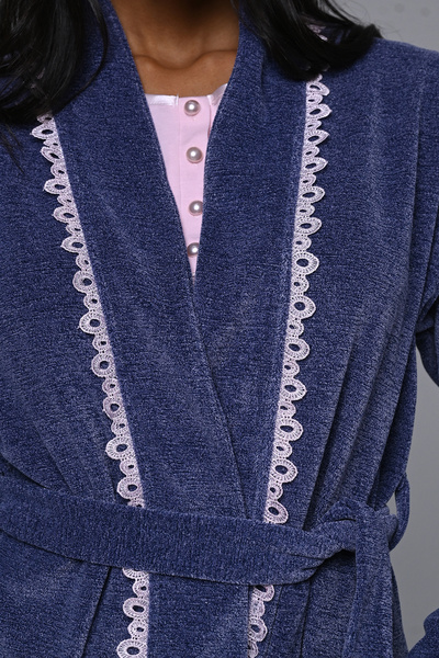 Lohussa Women's Blue Fleece Dressing Gown with Lace Winter Special Design Maternity Postpartum Dressing Gown Pajama Set