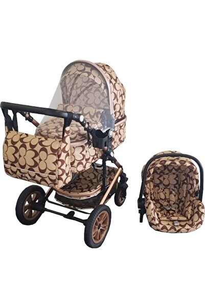 Baby Care Cărucior PRO 530 3 în 1, cadru din aluminiu, auriu, cu geantă pentru bebeluși, roți complet din cauciuc, rabatabil