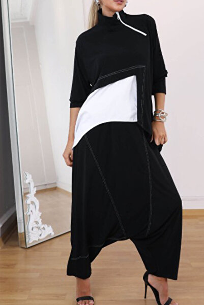 AYASOFYA OTANTIK Women's Black and White Zipper Detailed Oversize Loose Blouse and Elastic Waist Baggy Trousers Set
