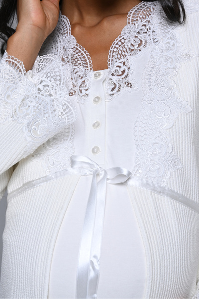 Lohussa Γυναικείο Σετ Νυχτικό Εκρού Ζακάρ Δαντέλα Ολόσωμο Χειμερινό Μακρυμάνικο Ειδικού Σχεδιασμού Νυχτικό Εγκυμοσύνης