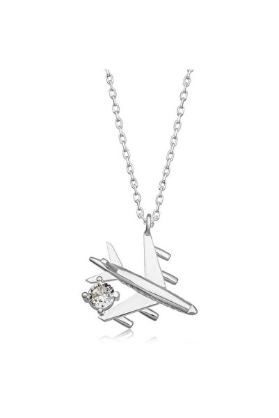 Genel Markalar Gümüş Rodyum Tek Taşlı Uçak Kadın Kolye
