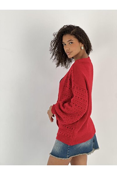 Miss Poem Figured Buttoned Openwork Red Long Sleeve Women's Knitwear Cardigan