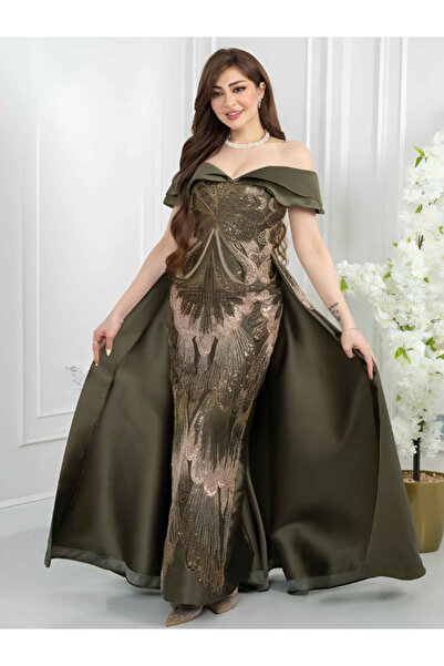 Nice Model Olive Mikado Off-Shoulder Evening Gown Sequin Embroidered Long Formal Dress Royal Train