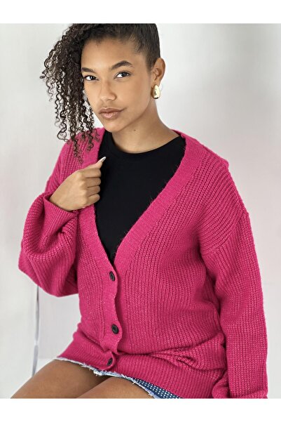 Miss Poem Women's Off-Shoulder V-Neck Fuchsia Knitwear Cardigan