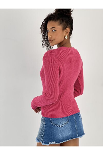Miss Poem Women's Fuchsia V-Neck Buttoned Fuchsia Ribbed Knit Cardigan