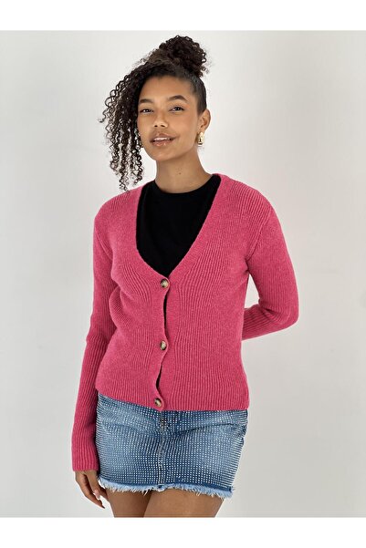 Miss Poem Women's Fuchsia V-Neck Buttoned Fuchsia Ribbed Knit Cardigan