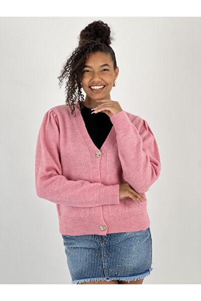 Miss Poem Women's Buttoned Short Cut Pink Cardigan