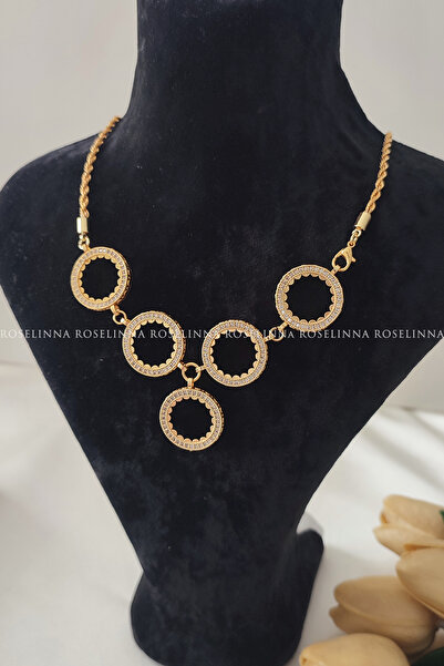 ROSELİNNA 5 Çeyrekli Zincirli Taşlı Kolye, Çeyrek Altınlı Beşibirlik Kolye, Beşi biyerde Kolye | Klasik Model