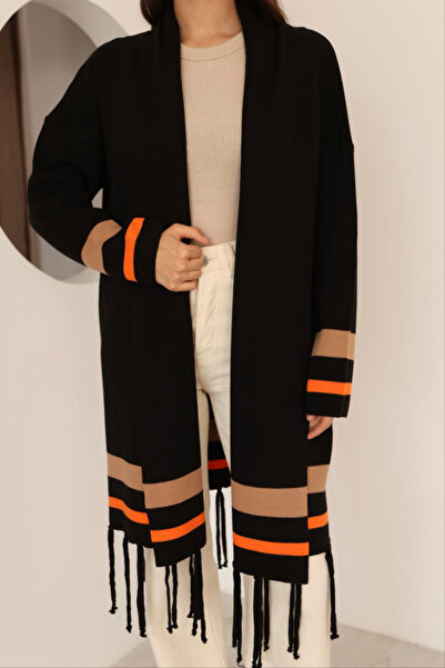bacc Women's black tasseled color block long knit cardigan bces-253002