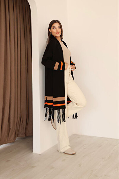 bacc Women's black tasseled color block long knit cardigan bces-253002