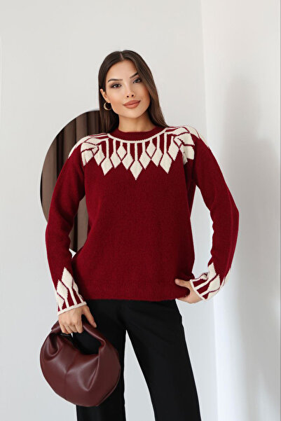 bacc Women's burgundy bicycle collar patterned knitwear sweater bces-253003