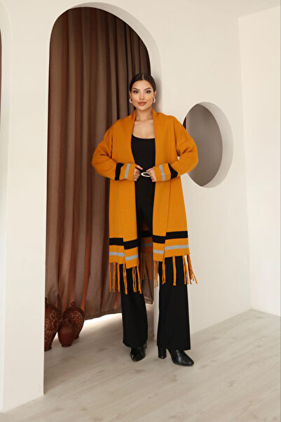 bacc Women's cinnamon brown tasseled color block long knit cardigan bces-253002