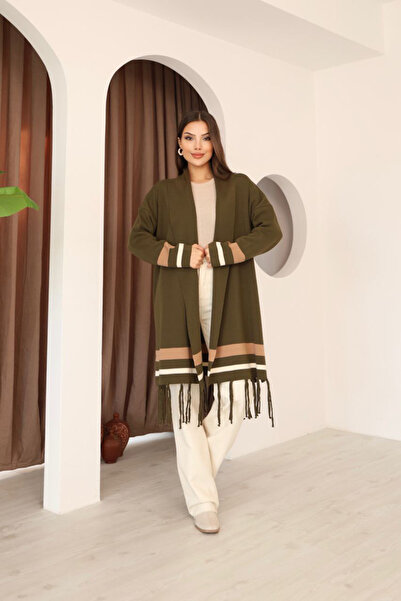 bacc Women's khaki tasseled color block long knit cardigan bces-253002