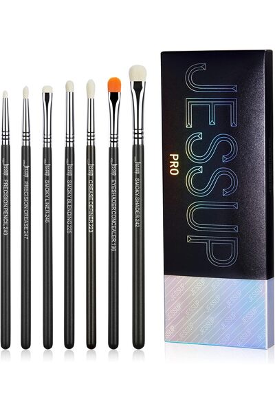 Jessup مجموعة فرش ظلال العيون من 7 قطع، مكياج فاخر، مزج ظلال العيون، محدد دقيق للتجعد، لون أسود T334