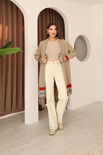 bacc Women's beige tasseled color block long knit cardigan bces-253002
