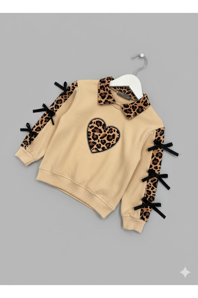 Selvira Kız Çocuk Kalp Desenli Fiyonklu Leopar Detaylı Bluz- Şort Etek 2'li Takım