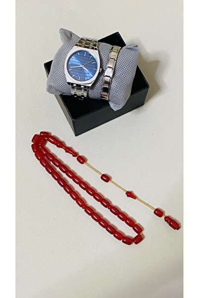 Yegane Enerjik ve Şık Erkek Kombin Seti: Mavi Kadran Saat, Bileklik ve Kırmız...