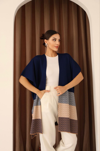 bacc Women's Navy Blue Zigzag Patterned Color Block Wide Cut Cardigan