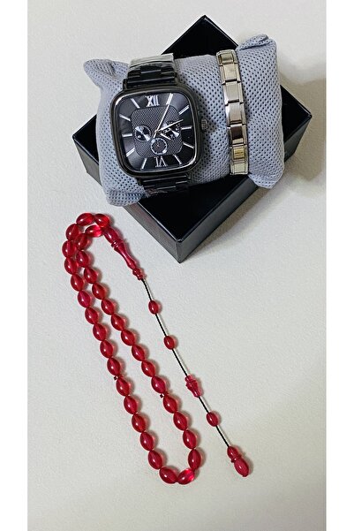 Yegane Asil Siyah Tutkulu Kırmızı: Köşeli Kasa Erkek Kombin Seti (Saat, Bilek...