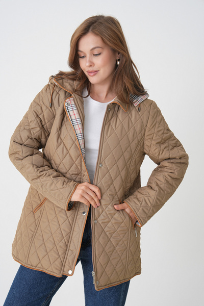 THE VOLER Kapüşonlu Mevsimlik Mont - Büyük Beden Pamuk Ekoseli Kapitone Kaban