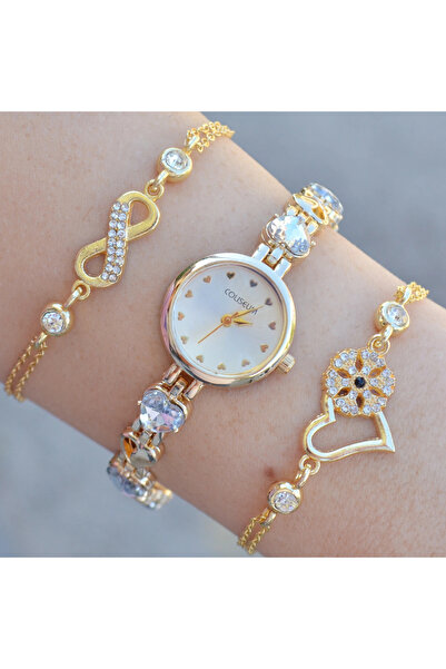COLESİUM Gold Taşlı Metal Kordon Kadın Saat Kombini 3653
