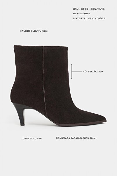 NİŞANTAŞI SHOES Yang Kahve Hakiki Süet Kitten Topuk Sivri Burun Kadın Bootie